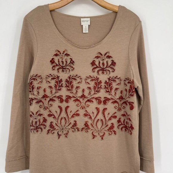 Chico’s 1 Zenergy womens Applique Top Tunic Tan Long Sleeve cotton size medium - Picture 5 of 7